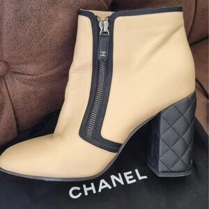 CHANEL Beige and Black Leather Quilted Block Heel Ankle Boots